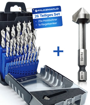 Falkenwald Holzbohrer Set 1-13mm + Kegelsenker 26tlg. - HSS-G Bohrerset für präzise und saubere Bohrungen