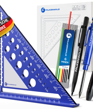 Zimmermannswinkel 180mm mit Schreibfläche - Inkl.Tieflochmarker, 6 Minen & Anreißnadel