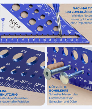 Zimmermannswinkel 180mm mit Schreibfläche - Inkl.Tieflochmarker, 6 Minen & Anreißnadel