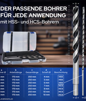 Falkenwald Holzbohrer Set lang 7tlg. + Koffer - Spiralbohrer für präzise Bohrungen in Weich- und Hartholz